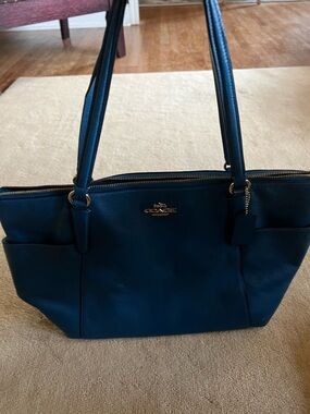Coach Pebbled Leather Shoulder Tote in Teal Blue